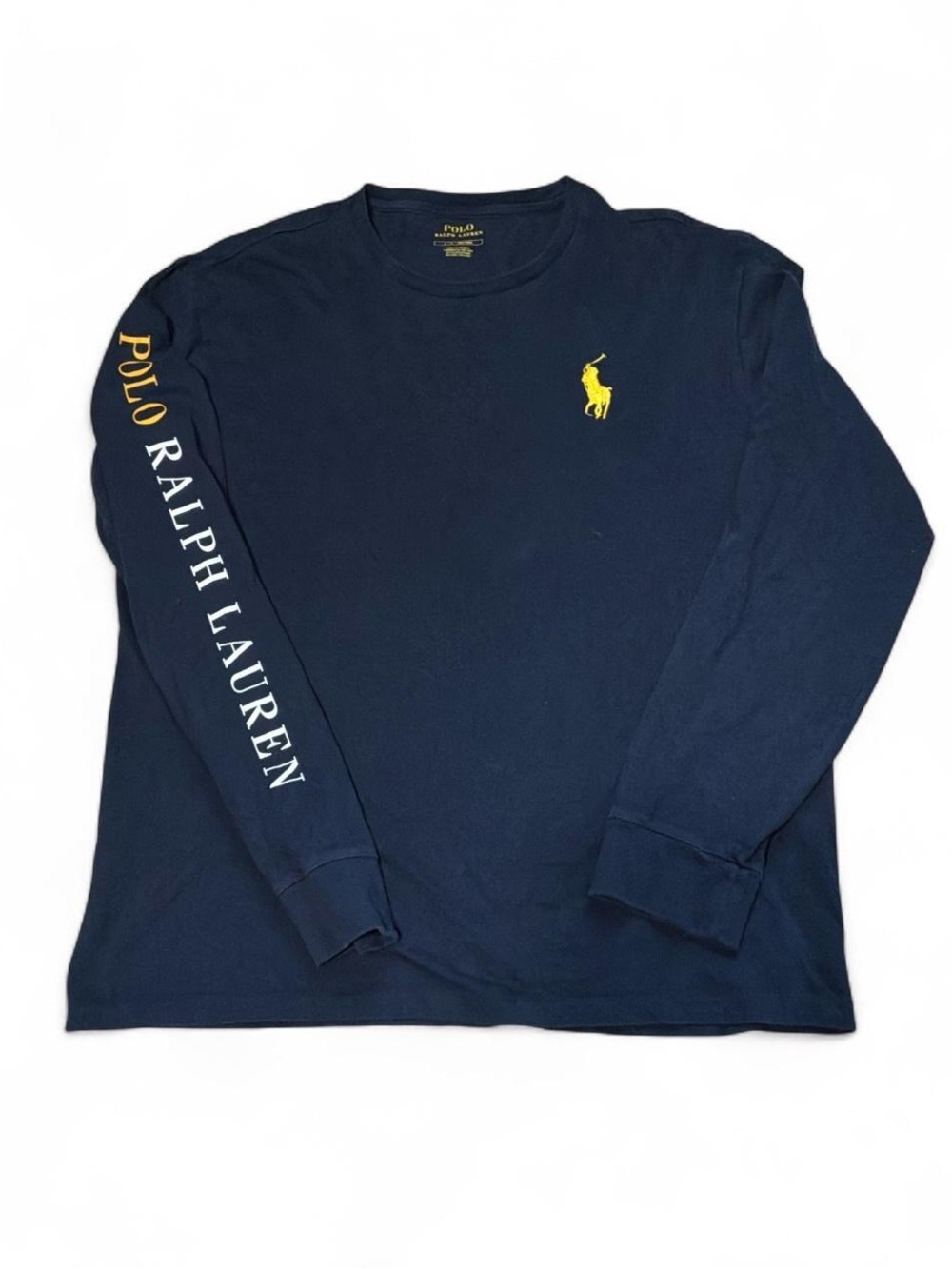 Polo by Ralph Lauren Navy Long-Sleeve Crew with Yellow Pony and Sleeve Script